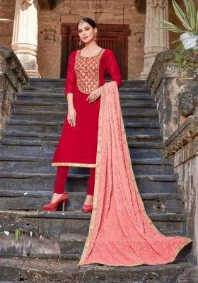 Red Embroidered Silk Blend Salwar Kameez