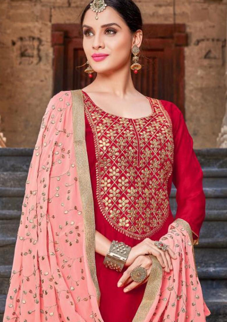 Red Embroidered Silk Blend Salwar Kameez - Indya
