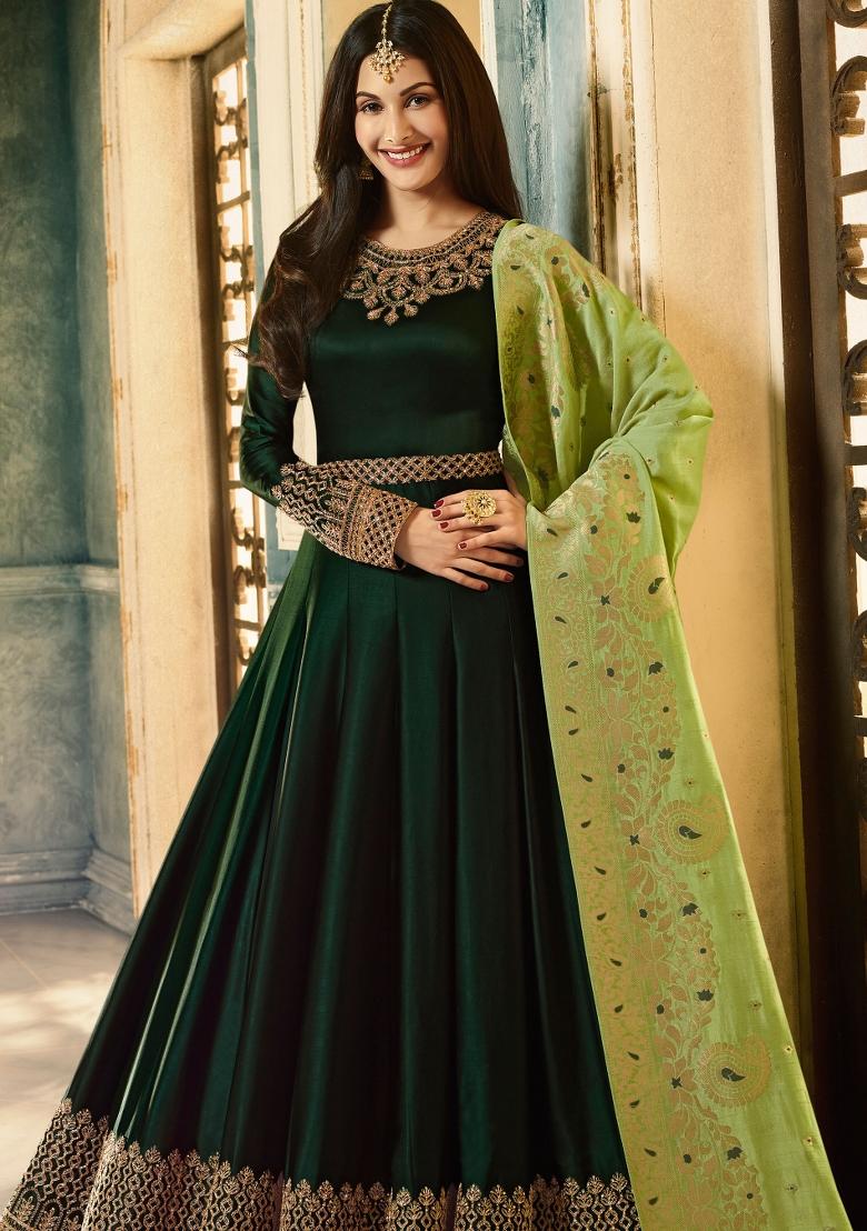 Green Embroidered Georgette Salwar Kameez - Indya