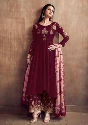 Maroon Embroidered Silk Blend Salwar Kameez