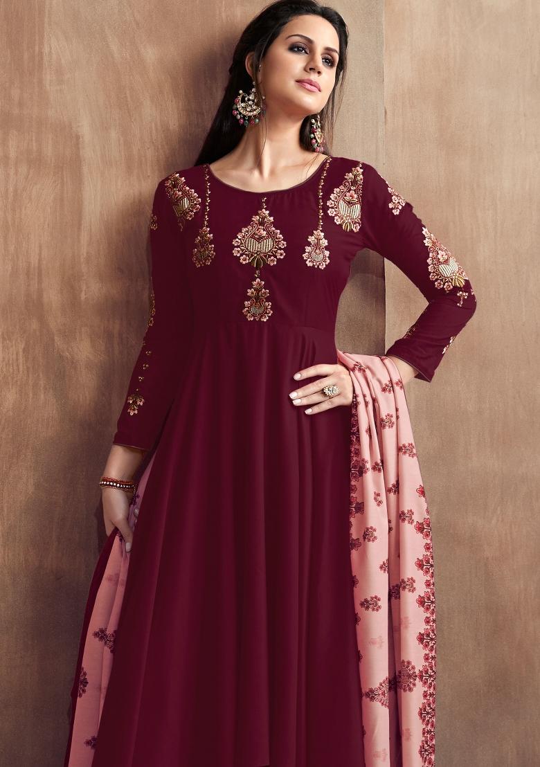 Maroon Embroidered Silk Blend Salwar Kameez - Indya