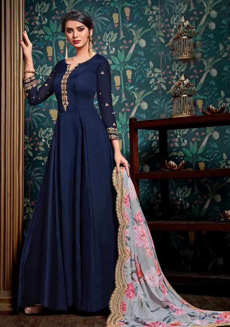 Blue Embroidered Georgette Salwar Kameez - Indya