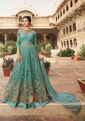 Blue Embroidered Net Salwar Kameez