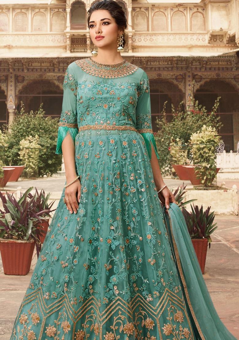 Blue Embroidered Net Salwar Kameez - Indya