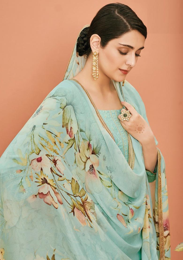 Blue Embroidered Georgette Salwar Kameez - Indya