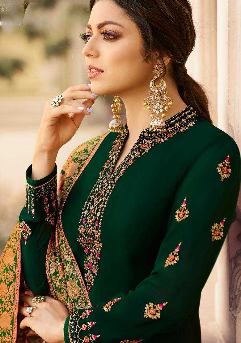 Green Embroidered Georgette Salwar Kameez - Indya
