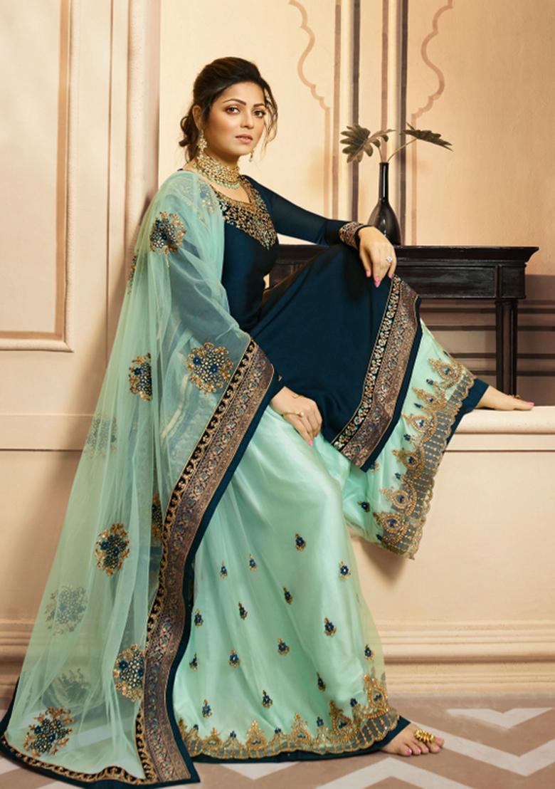 Blue Embroidered Georgette Salwar Kameez - Indya