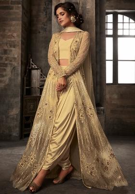 Beige Embroidered Silk Blend Salwar Kameez