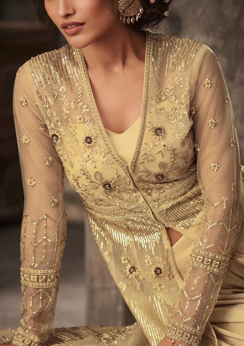 Beige Embroidered Silk Blend Salwar Kameez - Indya
