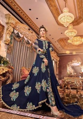 Blue Embroidered Silk Blend Salwar Kameez