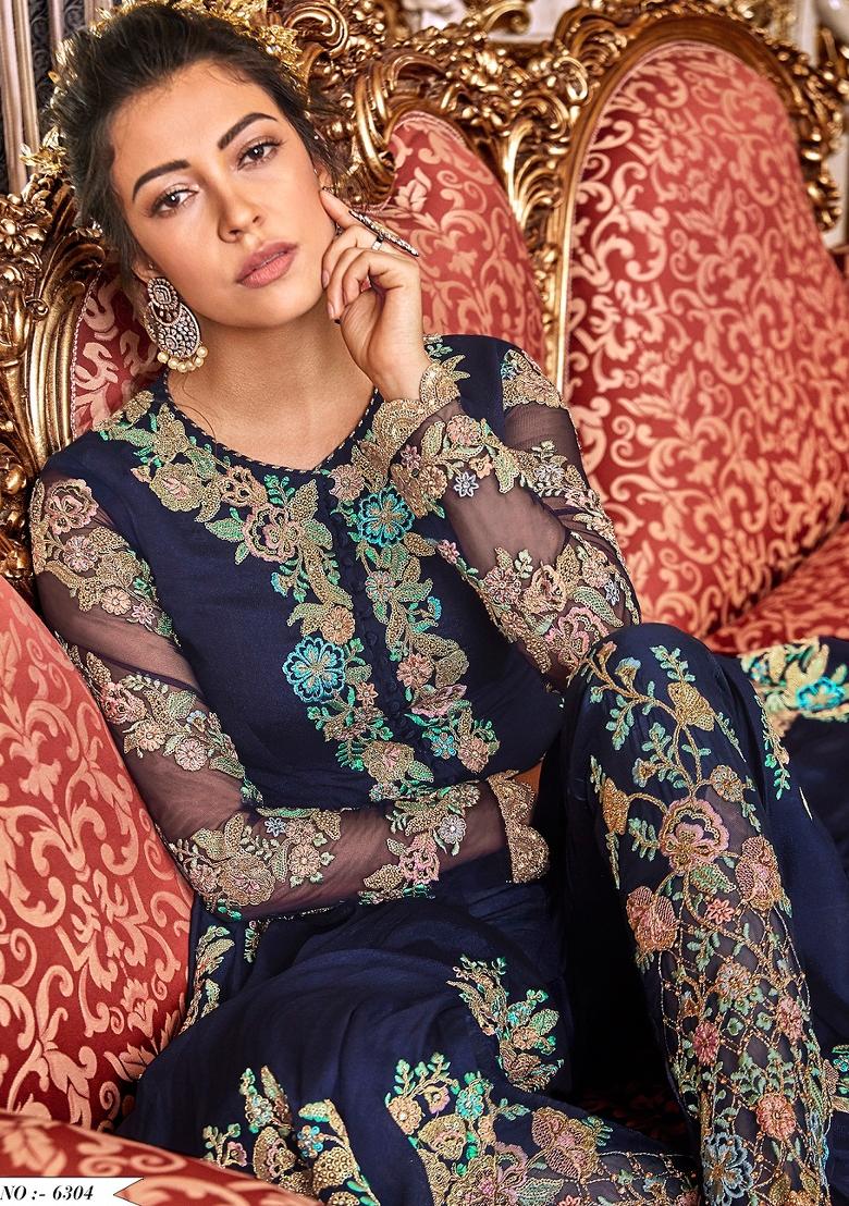 Blue Embroidered Silk Blend Salwar Kameez - Indya