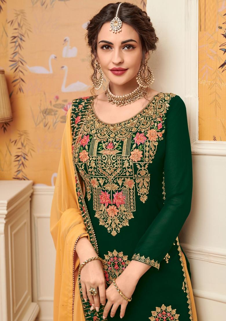 Green Embroidered Georgette Salwar Kameez - Indya