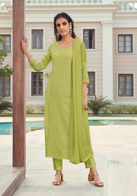 Green Embroidered Georgette Kurta With Dupatta
