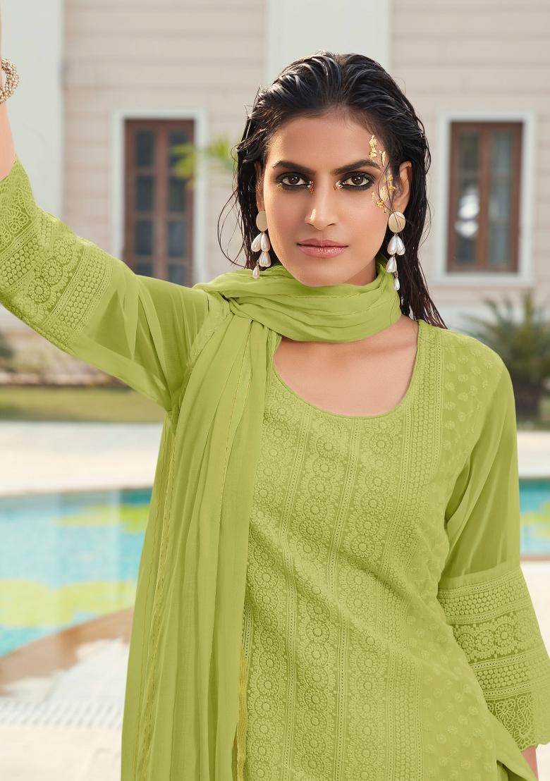 Green Embroidered Georgette Kurta With Dupatta - Indya