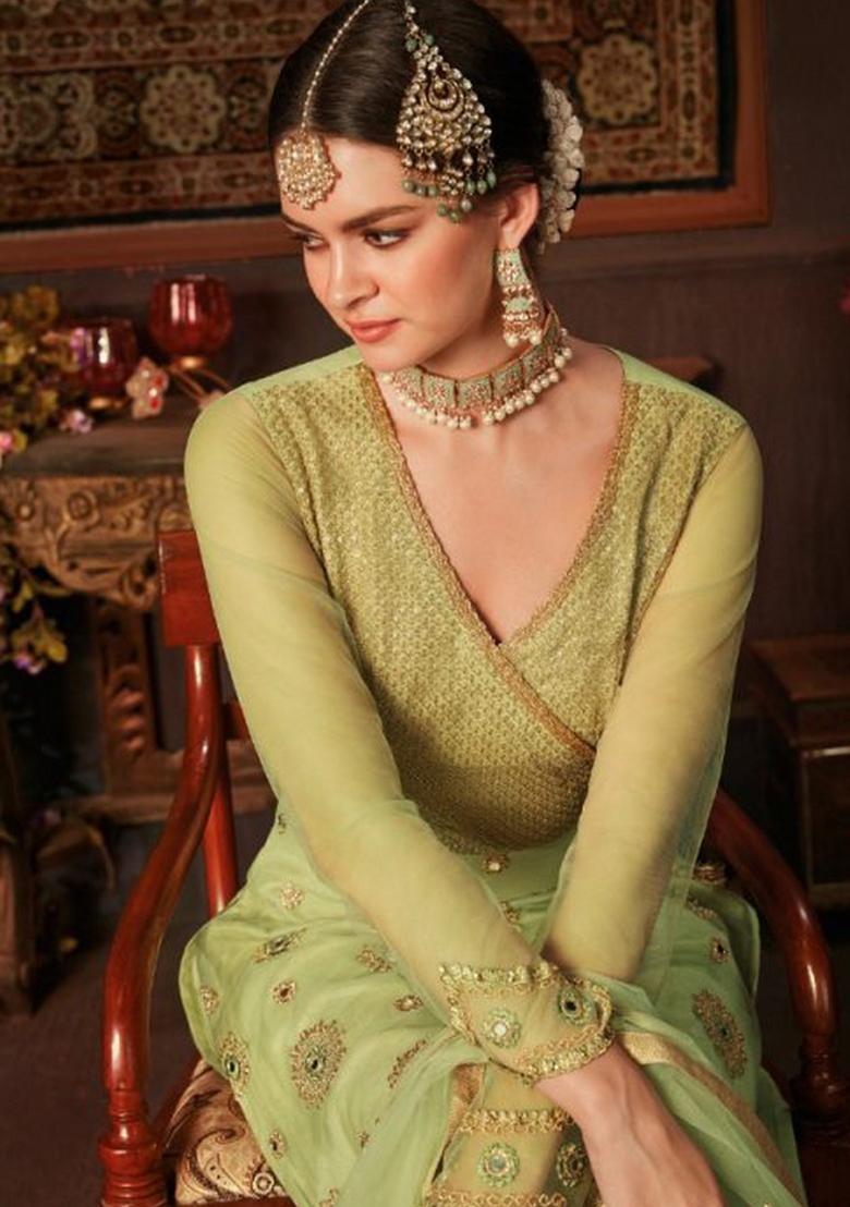 Green Embroidered Net Salwar Kameez - Indya