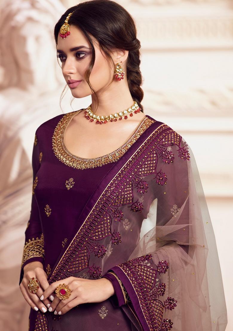 Wine Embroidered Georgette Salwar Kameez - Indya