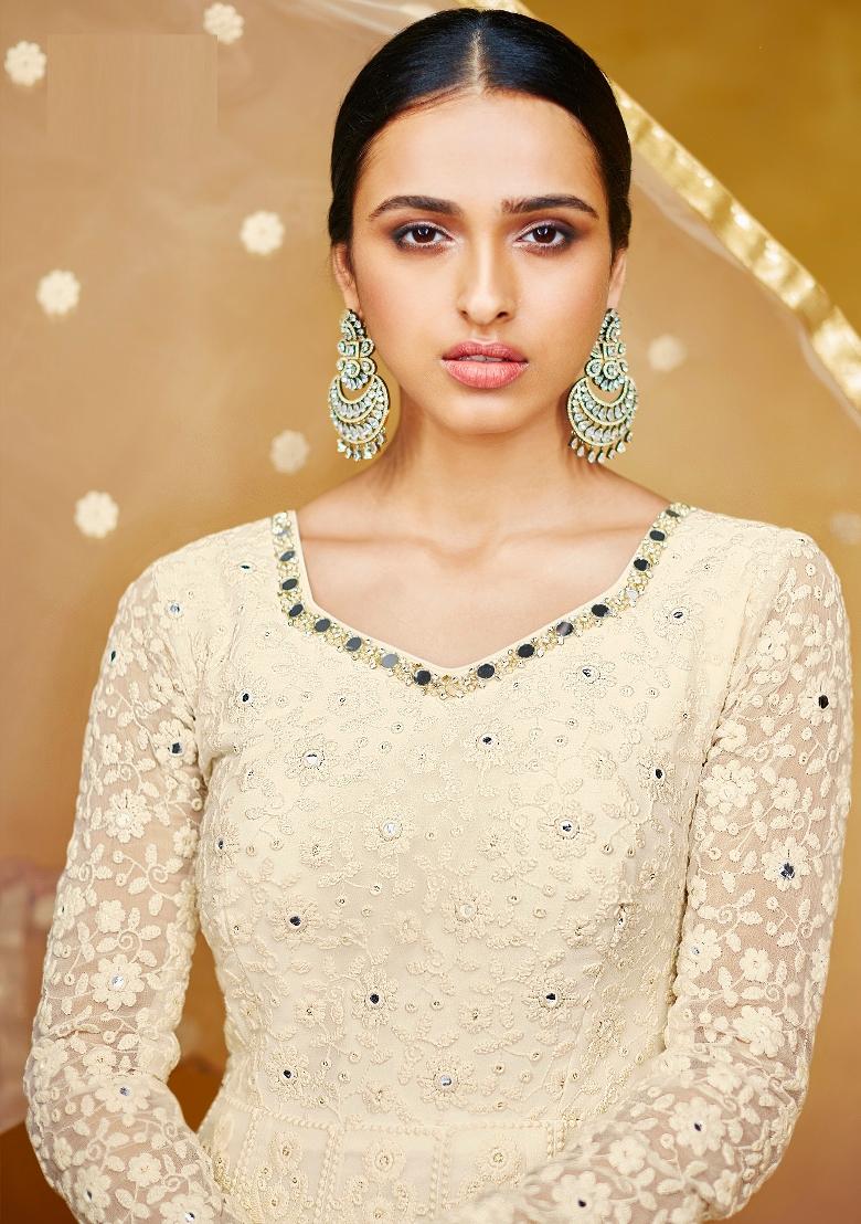 Off White Embroidered Georgette Salwar Kameez - Indya