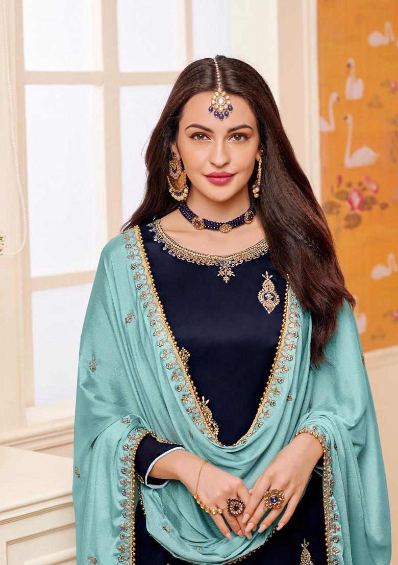 Blue Embroidered Georgette Salwar Kameez - Indya
