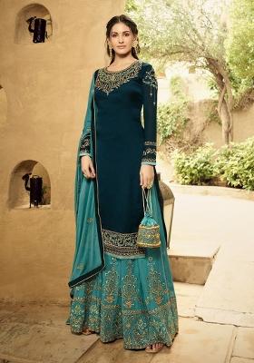 Teal Blue Embroidered Georgette Salwar Kameez
