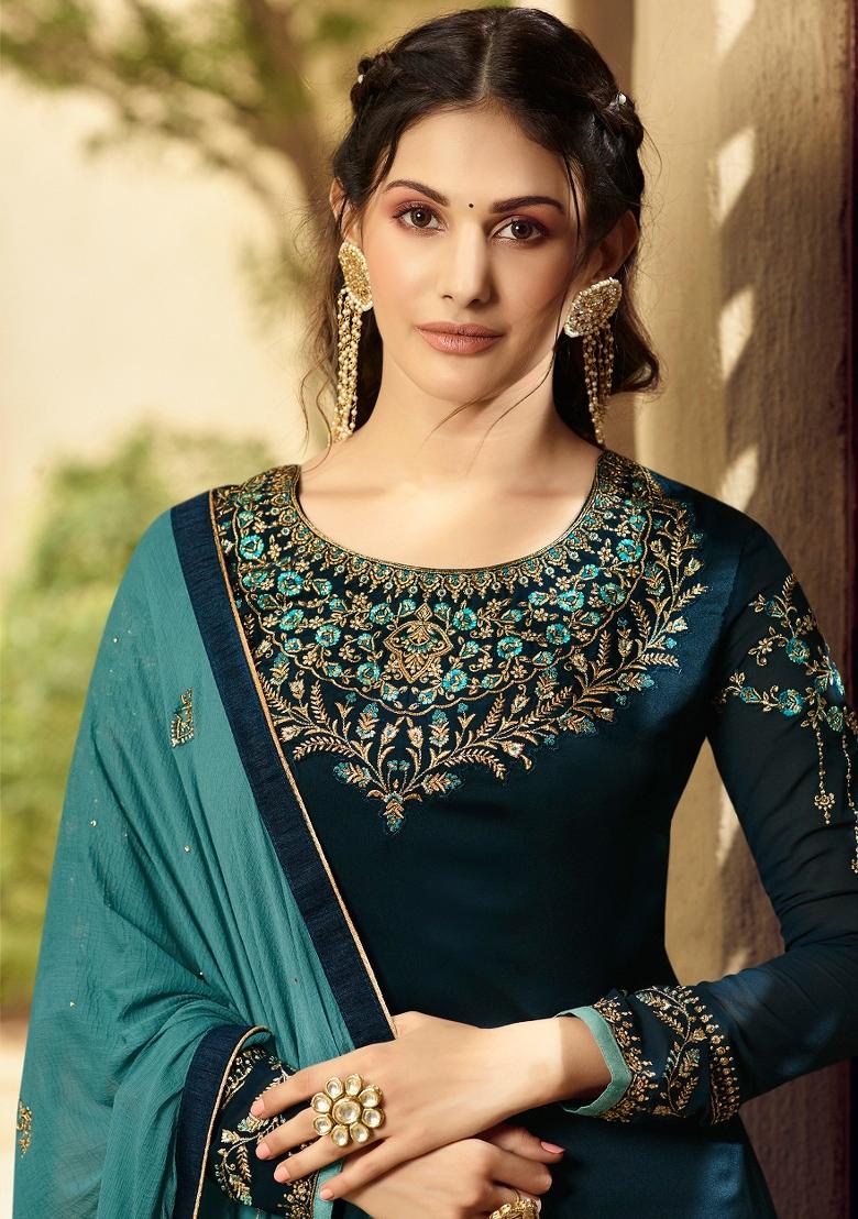 Teal Blue Embroidered Georgette Salwar Kameez - Indya