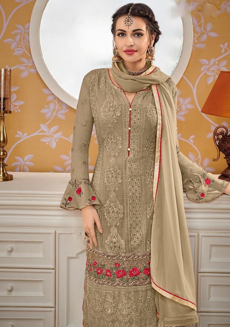 Light Olive Green Embroidered Georgette Salwar Kameez - Indya
