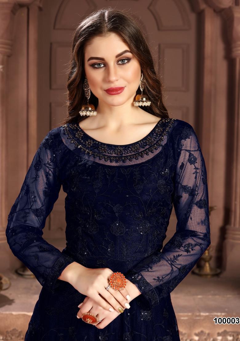 Blue Embroidered Net Salwar Kameez - Indya