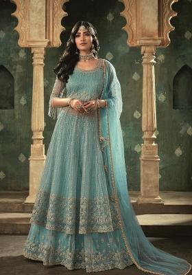 Blue Embroidered Net Salwar Kameez