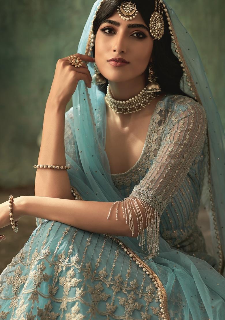 Blue Embroidered Net Salwar Kameez - Indya