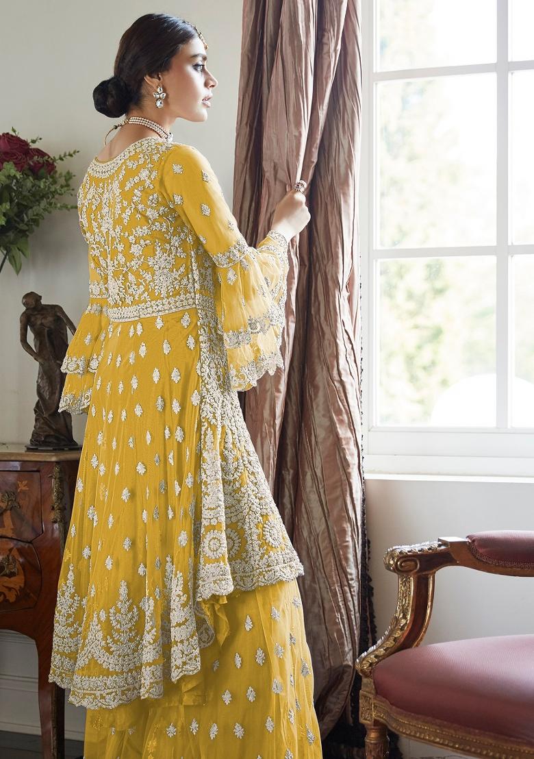 Yellow Embroidered Net Salwar Kameez - Indya