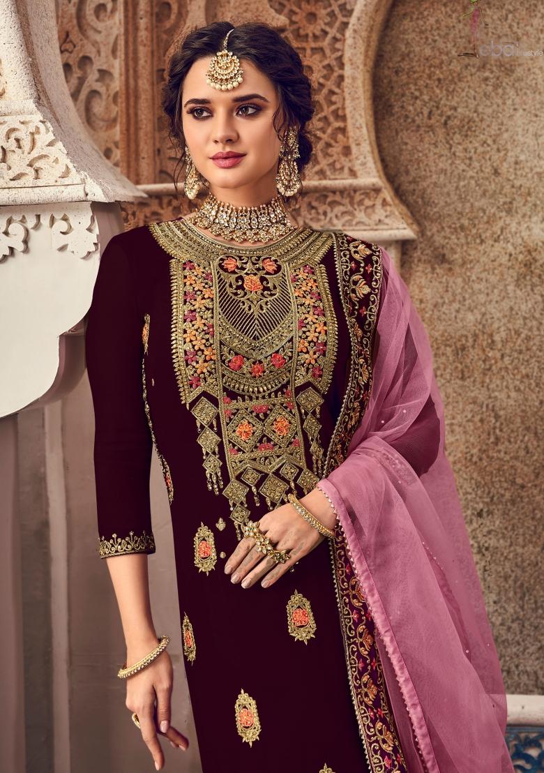 Purple Embroidered Georgette Salwar Kameez - Indya