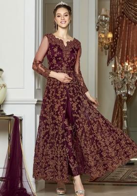Wine Embroidered Net Salwar Kameez