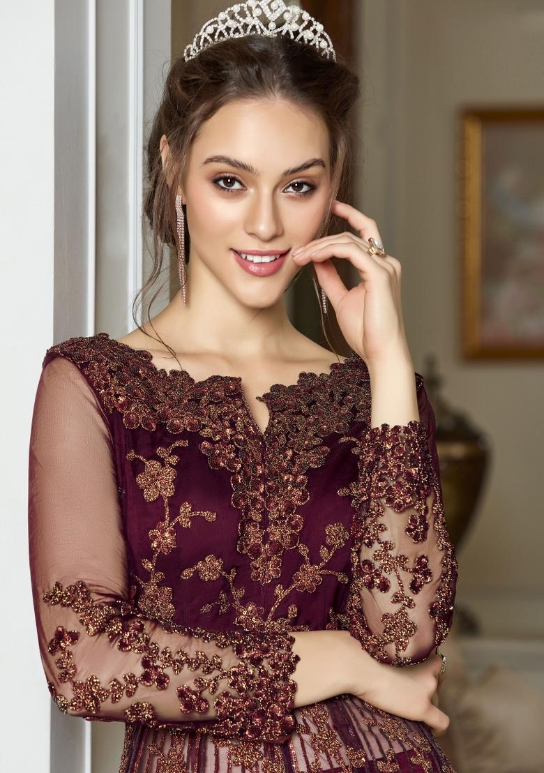 Wine Embroidered Net Salwar Kameez - Indya