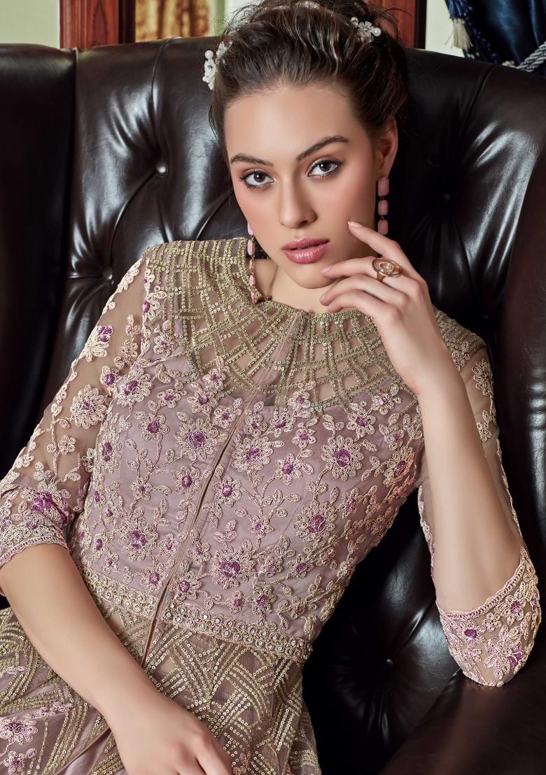 Mauve Embroidered Net Salwar Kameez - Indya