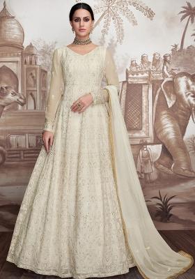 Off White Embroidered Georgette Salwar Kameez