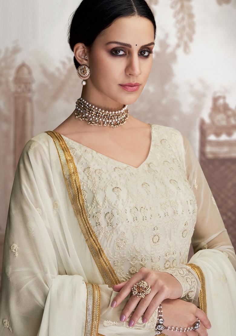 Off White Embroidered Georgette Salwar Kameez - Indya