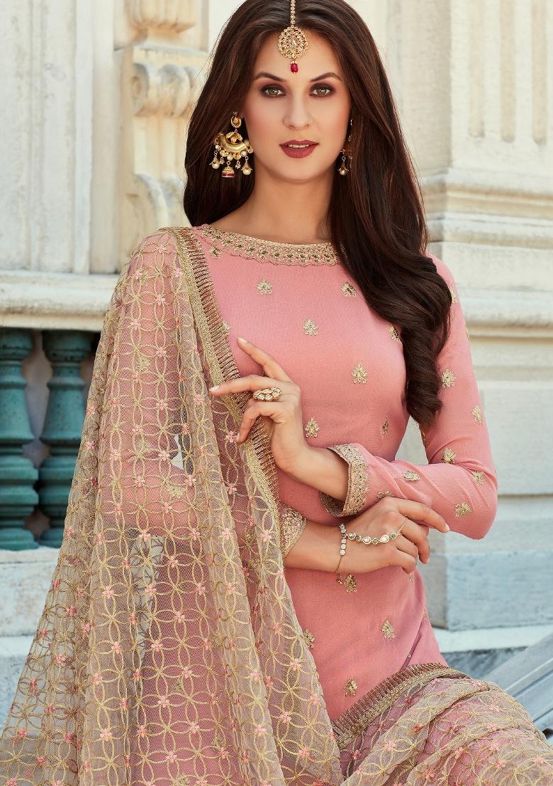 Pink Embroidered Georgette Salwar Kameez - Indya