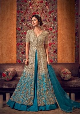 Beige And Blue Embroidered Net Salwar Kameez