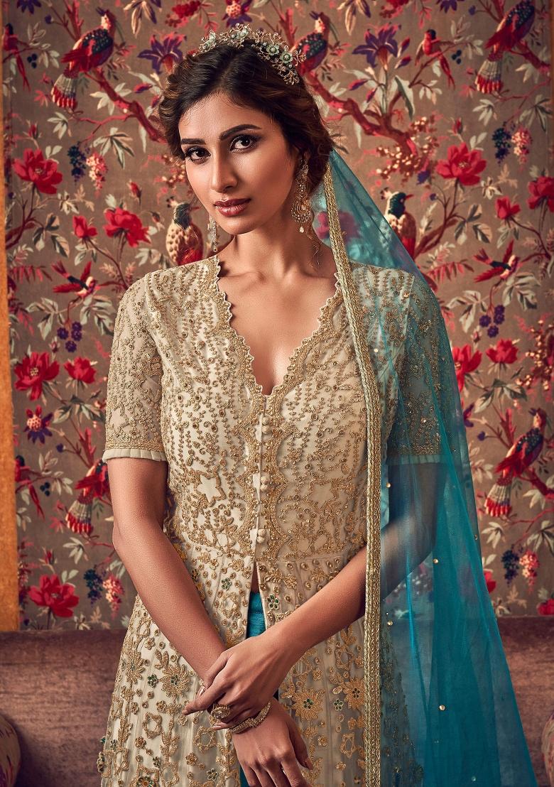Beige And Blue Embroidered Net Salwar Kameez - Indya