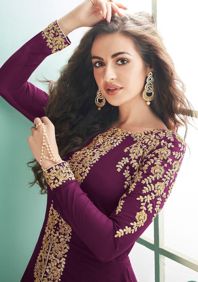 Purple Embroidered Georgette Salwar Kameez - Indya