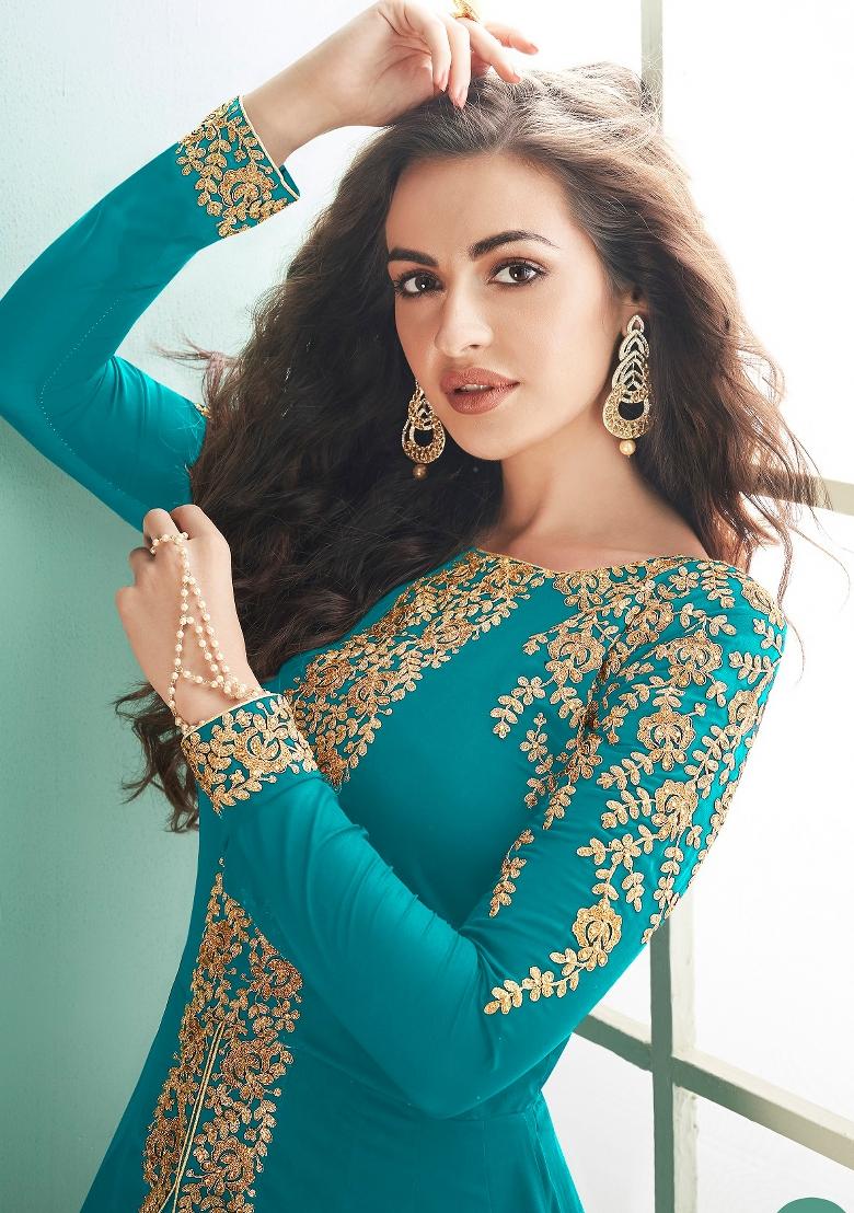 Blue Embroidered Georgette Salwar Kameez - Indya