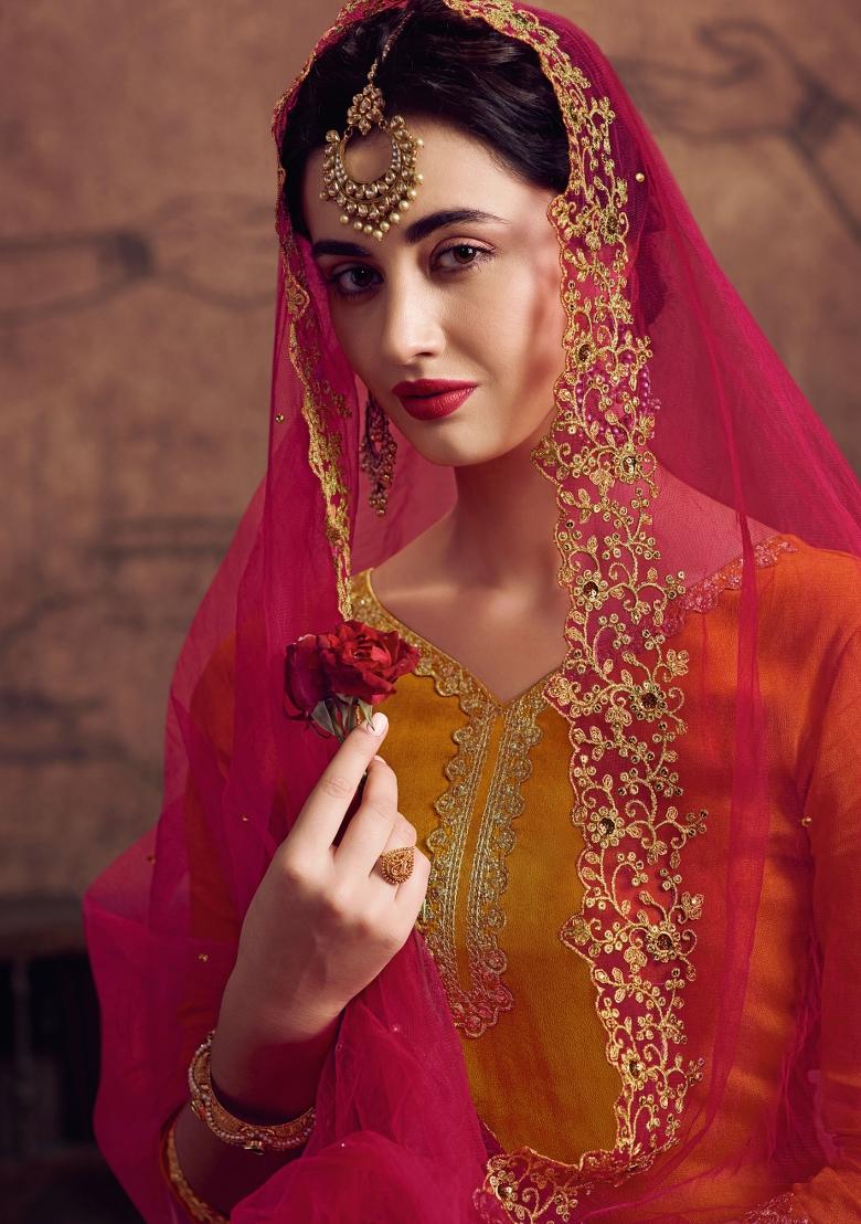 Mustard Embroidered Georgette Salwar Kameez - Indya