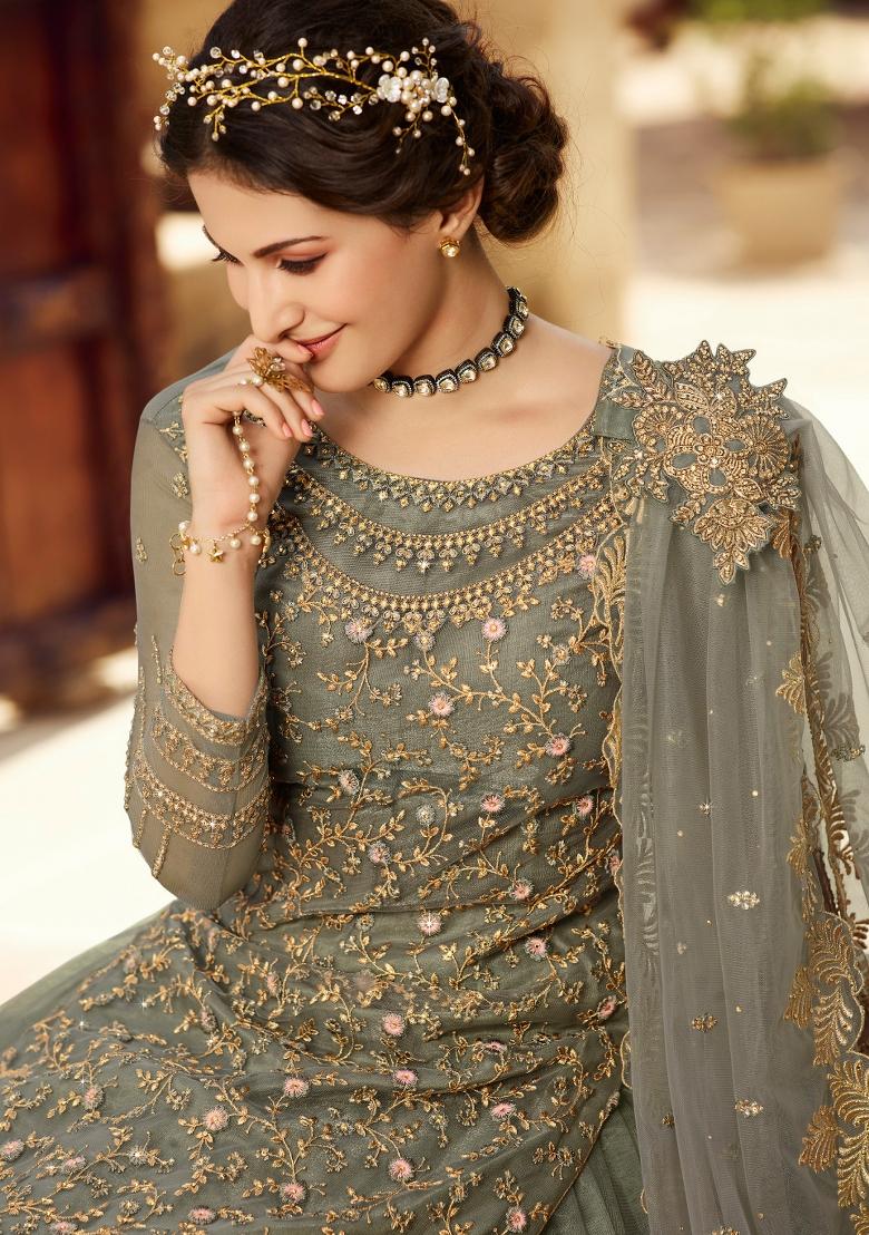 Grey Embroidered Net Salwar Kameez - Indya