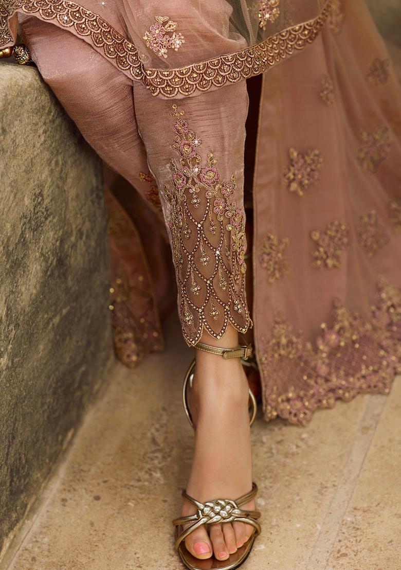 Dusty Pink Embroidered Net Salwar Kameez - Indya