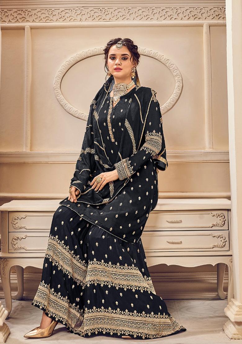 Black Embroidered Georgette Salwar Kameez - Indya