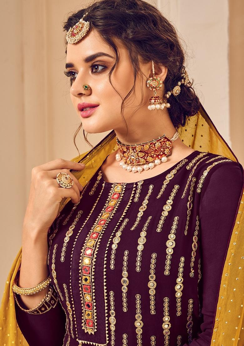 Purple Embroidered Georgette Salwar Kameez - Indya