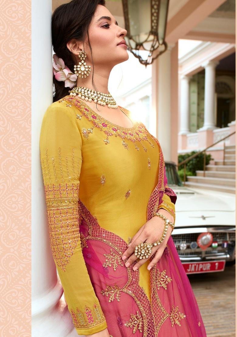 Mustard Embroidered Georgette Salwar Kameez - Indya
