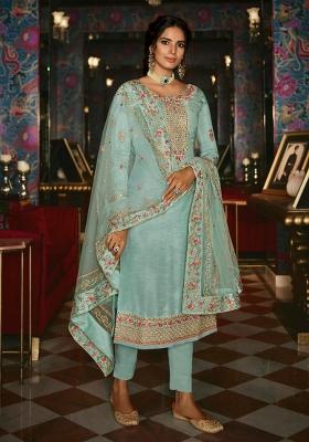Blue Embroidered Silk Blend Salwar Kameez