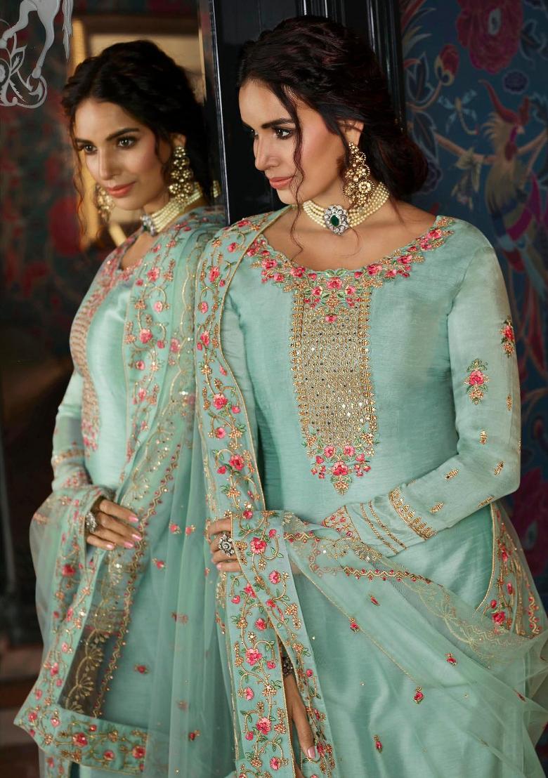 Blue Embroidered Silk Blend Salwar Kameez - Indya