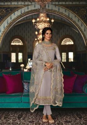 Grey Embroidered Silk Blend Salwar Kameez
