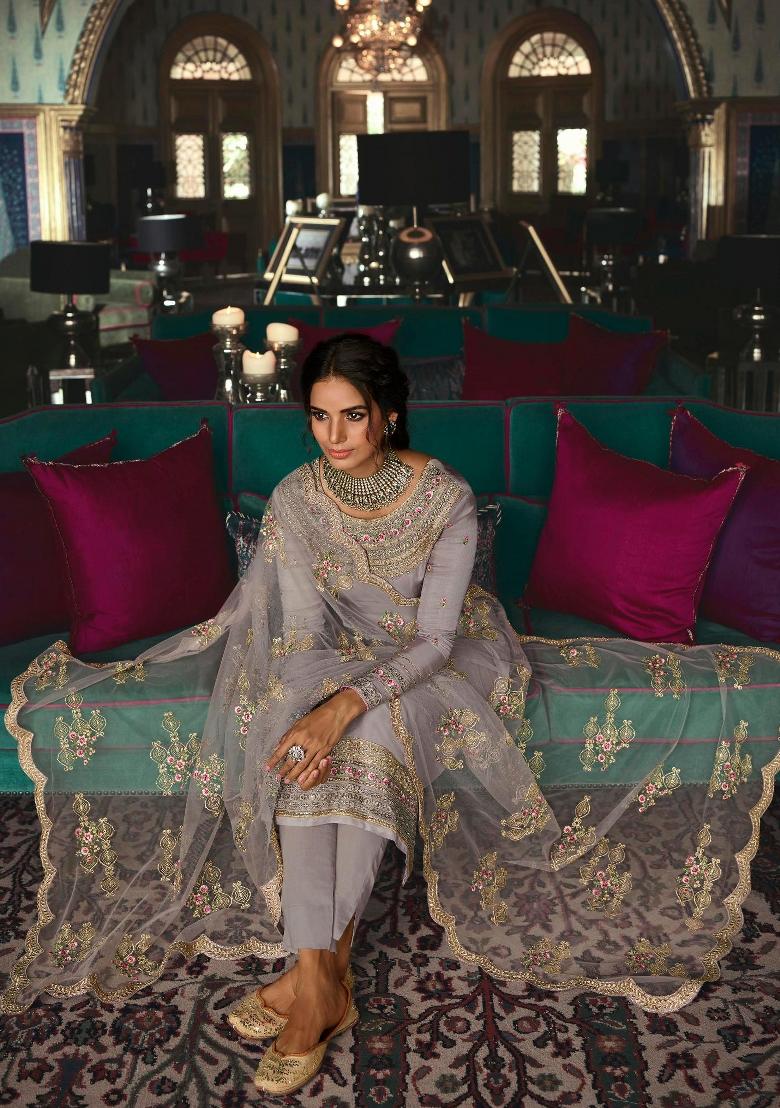 Grey Embroidered Silk Blend Salwar Kameez - Indya